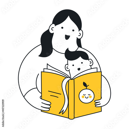 Mom reading a book to her son. Telling stories and fairy tales, cozy feeling, learning, and reading. Thin line yellow vector illustration on white.