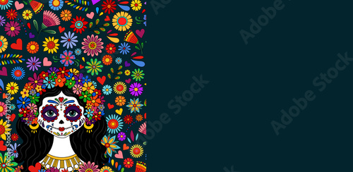 Catrina Dia de los muertos. Day of the dead and Halloween. Mexican tradition, festival. Day of the dead Woman make up of sugar skull. Calavera Catrina isolated. Dia de los Muertos tattoo background.
 