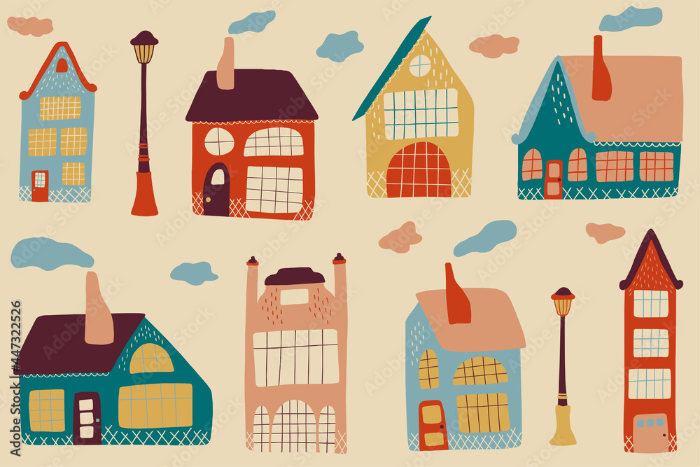 Set of various small tiny houses. Urban landscape or view of European city street with stores, shops, cafe, restaurant, bakery, coffee house. Seamless banner with building facades. Trendy illustration