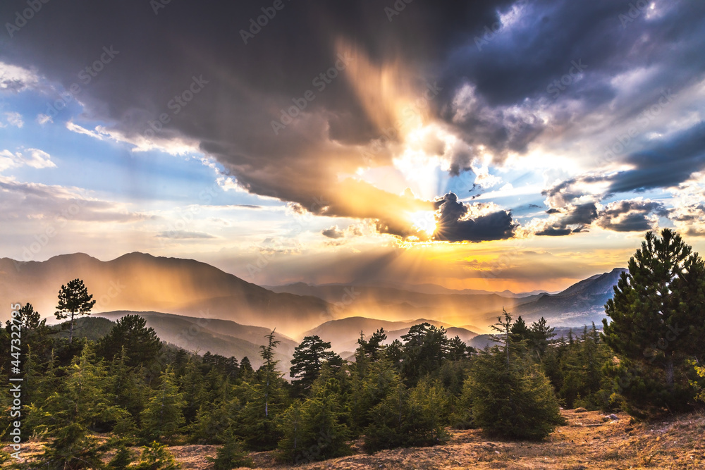 Dedegöl mountain in Turkey  Isparta, in the south Çimi Valley of Geyikdağ, inspiring Mountains Landscape, cloudy day in summer, woods, Sunset with dramatic sky view.