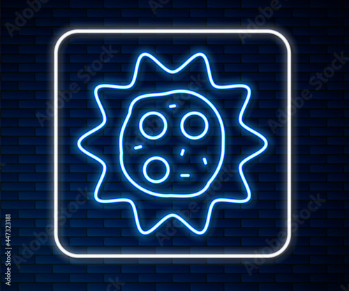 Glowing neon line Virus icon isolated on brick wall background. Corona virus 2019-nCoV. Bacteria and germs, cell cancer, microbe, fungi. Vector