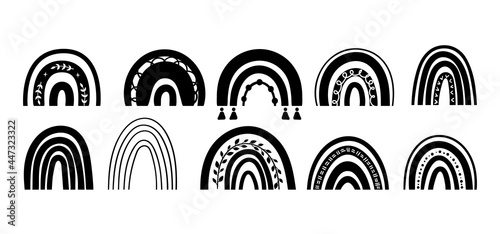 Mystical boho rainbow isolated cliparts bundle, black and white rainbow celestial collection, magic rainbow silhouette, esoteric objects - vector illustration