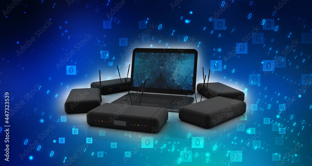 3d rendering Transmitter Wi-Fi modem with laptop 3d rendering Transmitter Wi-Fi modem with laptop