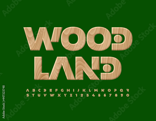 Vector nature template Wood Land. Oak pattern Font. Timber Alphabet Letters and Numbers set