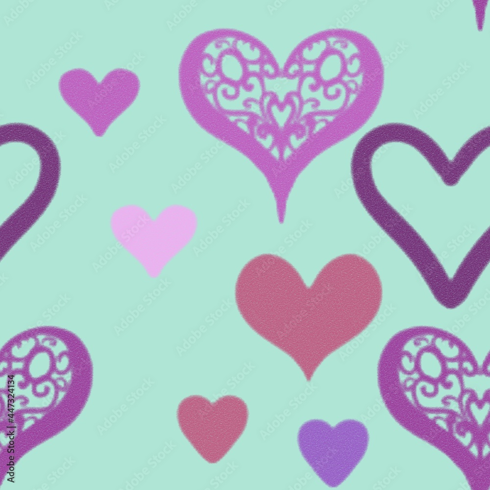 Seamless pattern of abstract pink hearts on a light green background for textile.