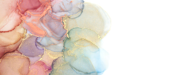 Abstract  watercolor with gold glitter horizontal long background. Marble texture. Alcohol ink