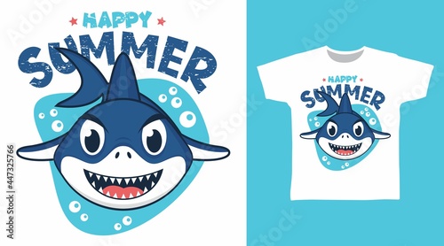 Cute summer shark illustration t-shirt design vector concept.