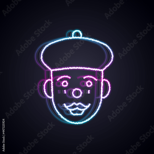 Glowing neon line French mime icon isolated on black background. Vector