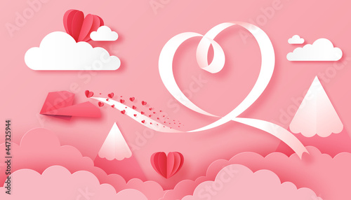Paper art of white ribbon with a red paper plane flying in the pink sky, cloud, mountains, origami and valentines day concept, vector art and illustration.