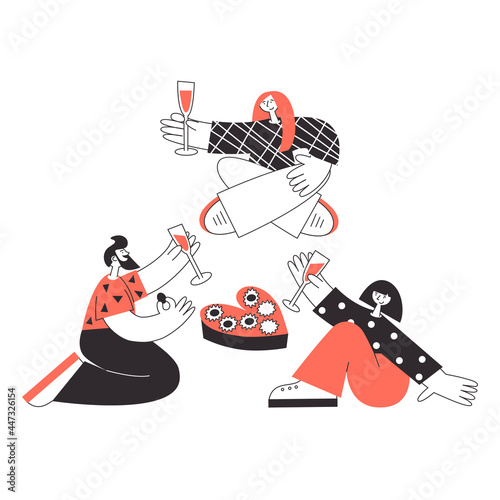 Polyamorous family drinking wine, eating valentine sweets. Three lovers on a romantic date celebrating. Polygamy and bisexuality, non-monogamous open relationship concept. LGBT rights pride vector