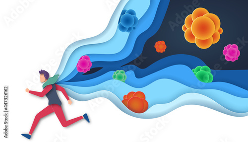 Paper art of a man run away from virus and bacteria, origami concept, vector paper cut and illustration.