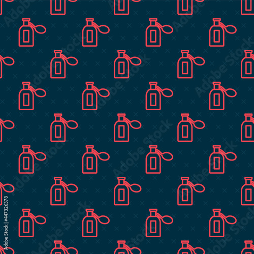 Red line Perfume icon isolated seamless pattern on black background. Vector