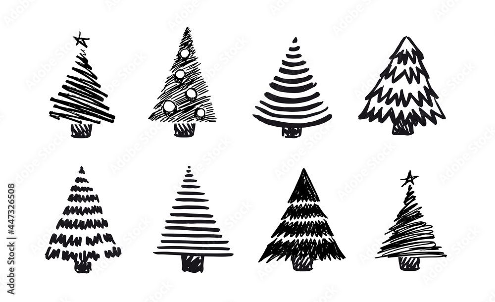 Obraz premium Set of Christmas trees hand drawn. Vector illustration.
