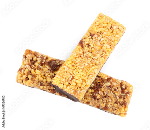 Granola bars on white background, top view. High protein snack
