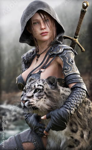 Portrait of a fantasy female Ranger pathfinder sitting with her pet feline, wearing leather armor , hooded cloak and equipped with a sword. Misty mountains 
and a stream in the background.3d rendering photo