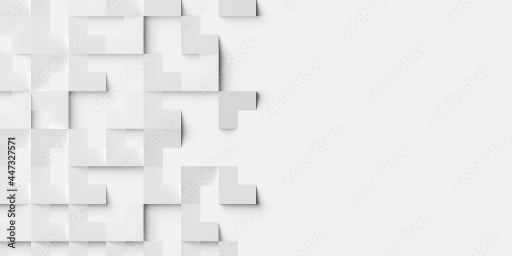 Random rotated and shifted white blocks or boxes background wallpaper banner with copy space
