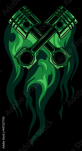 crossed engine pistons, banner and flame design vector
