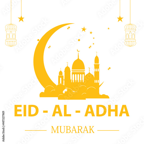 Eid al-Adha greetings in the shape of a mosque and a crescent moon minimalistic image in gold color. Muslim holiday sacrificing animals to God, Eid al-Adha greeting card concept, image design illustra