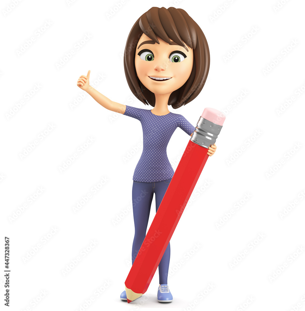 Cartoon character cheerful girl in a blue blouse holds a red pencil and shows a thumb up on a white background. 3d render illustration. Cartoon character cheerful girl in a blue blouse holds a red pencil and shows a thumb up on a white background. 3d render illustration.