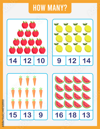 Educational worksheet for preschool children. Count fruits and vegetables. Math game for children.