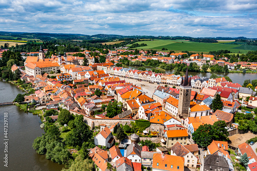 Aerial of the historic center of Telc, UNESCO World Heritage Site, South Moravia, Czech Republic