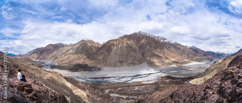 Landscape of river and mountains hill along the road on the way to Diskit village in Ladakh, Jammu and Kashmir, India