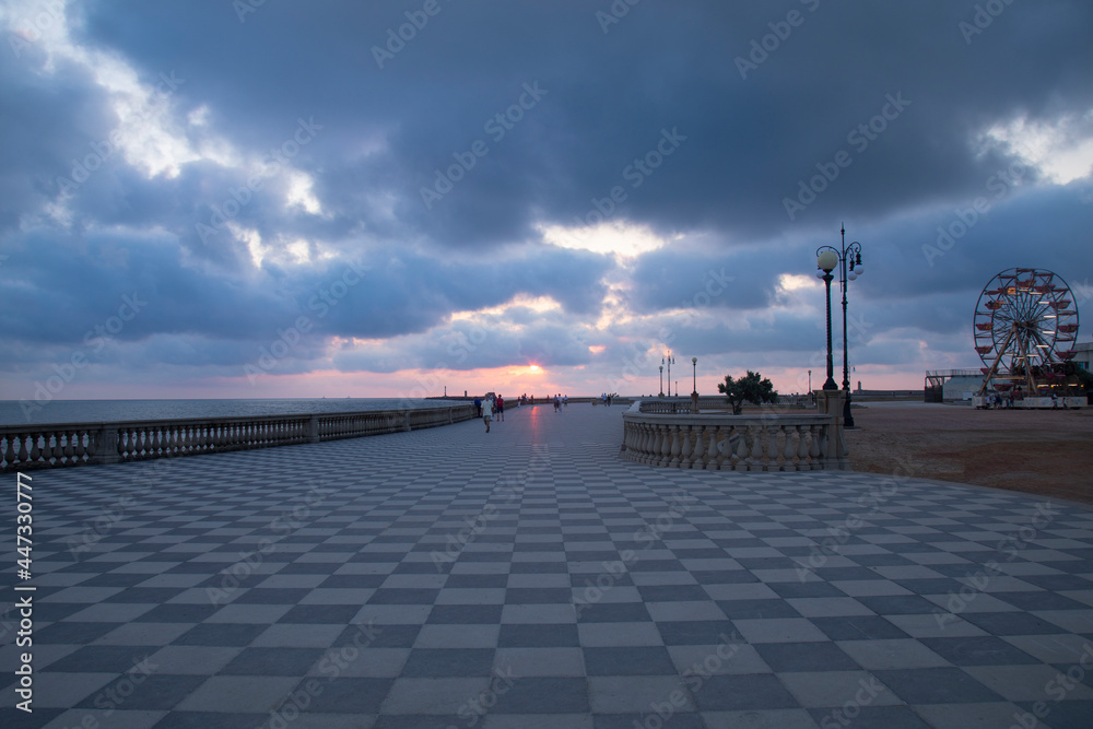 Sunset on the Mascagni terrace in city Livorno, Italy