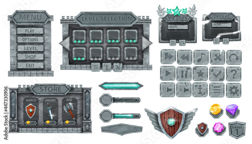 Stone game UI vector set, medieval rock button icon kit, castle menu background, victory frame, crystal. Shield winner badge, user interface mobile element, knight weapon. Game UI template on white