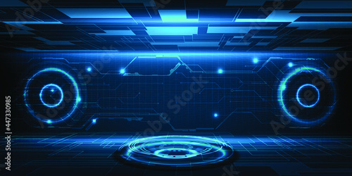 Futuristic digital space layout with wide curve screen with hi-tech architectural element.Vector illustrations.