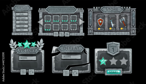 Stone medieval game menu frame set, vector UI button icon kit, victory defeat background, knight weapon. Gray rock sign board, fantasy level user screen, graphic interface template. Game UI elements
