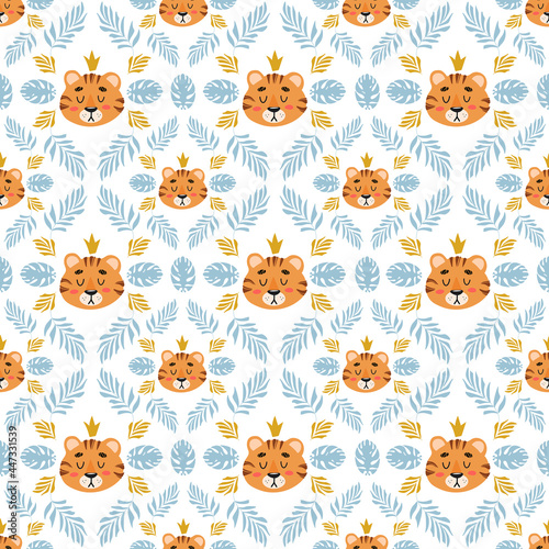 Bright summer tropical seamless pattern. Cute tiger, palm leaves childrens vector illustration cartoon style. For nursery, posters, prints on fabric. International Tiger Day. Chinese New Year 2022.