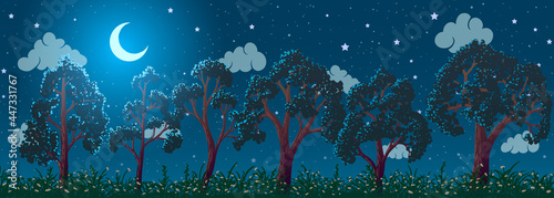 Vector summer fabulous night landscape. Green trees and grass on meadow