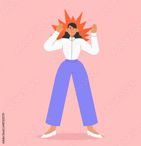 Flat vector illustration with female character experiencing anxiety, headaches, depression or emotional problems. Concept of  mental health. 