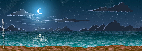 vector illustration of ocean sand shore at night