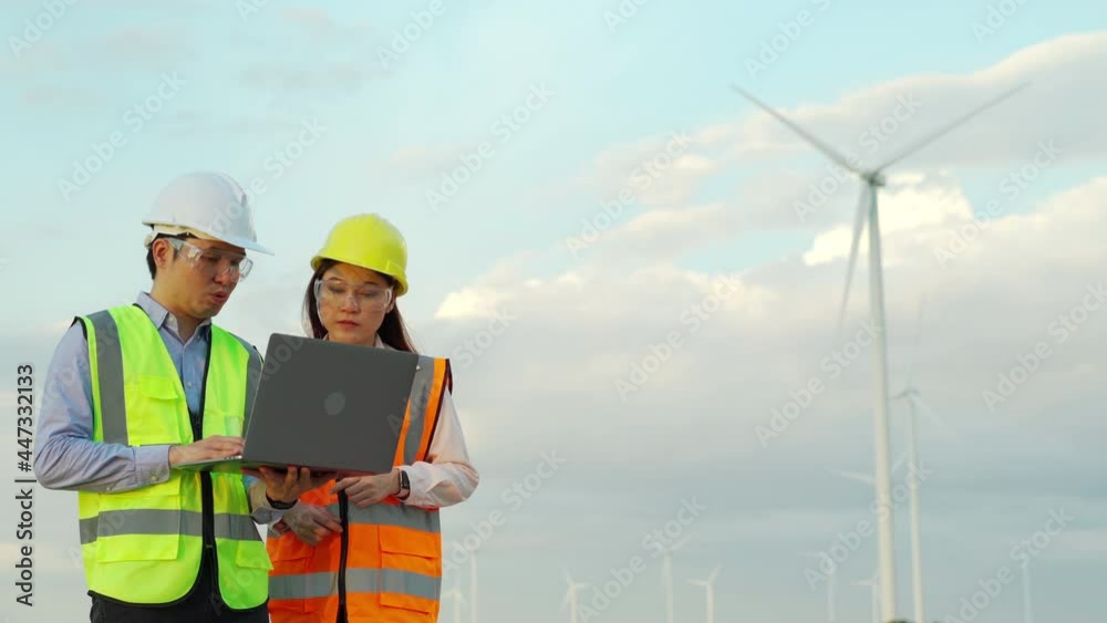 engineer team working with laptop computer against wind turbine farm engineer team working with laptop computer against wind turbine farm