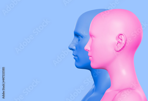 3d render illustration of blue and pink colored male and female faces on blue background, relationship psychology concept.