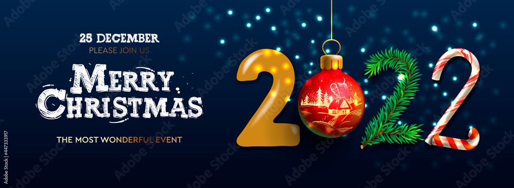 Merry Christmas Happy New Year 2022 Banner Images Merry Christmas And Happy New Year 2022 Banner, Xmas Festive Decoration.  Horizontal Christmas Posters, Cards, Headers, Website. Vector Illustration  Stock Vector | Adobe Stock