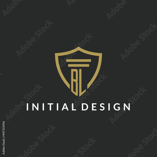 BL initial monogram logo with pillar and shield style design