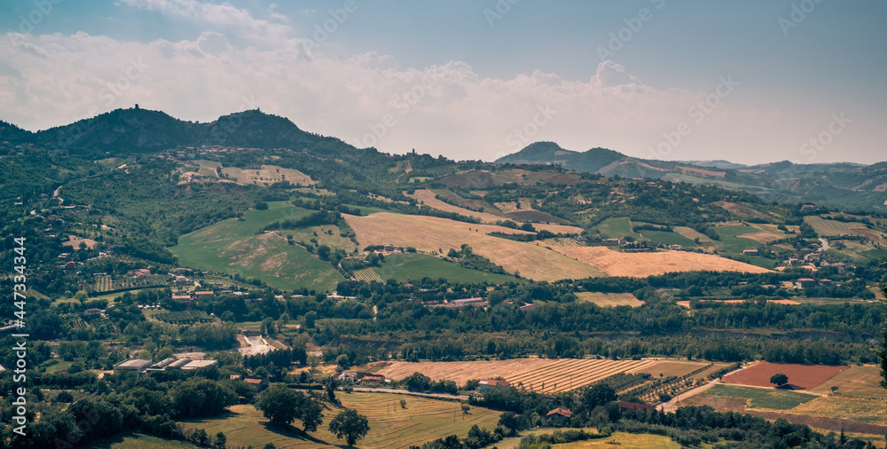 Cultivated land at the Marecchia river valley in Rimini province, Emilia and Romagna, Italy.