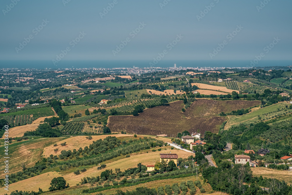 Cultivated land on the hills in Rimini province, Emilia and Romagna, Italy.