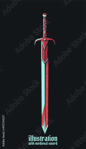 medieval colored red sword with bold border in cartoon style