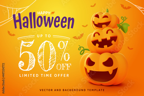 Happy Halloween, Smilling jack-o'-lantern pumpkin on orange background