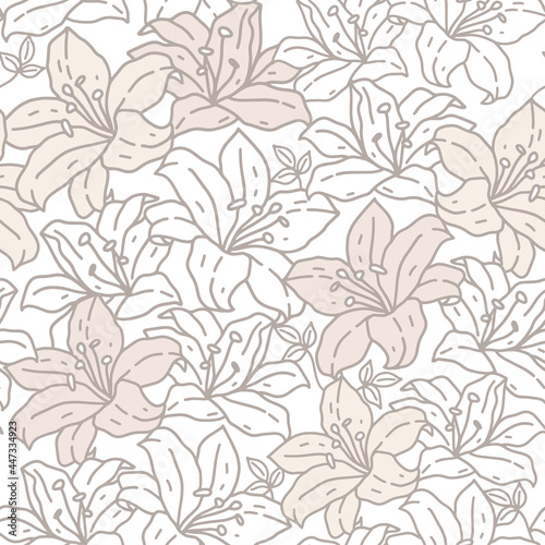 Vector seamless pattern in a hand-drawn style. Lily flowers and leaves. Linear drawing, pastel colors. Detailed plant element, botanical illustration. Vintage background design, print, textile.