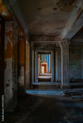 The inner hall of an abandoned building on a sunny summer day  Gagra  Abkhazia