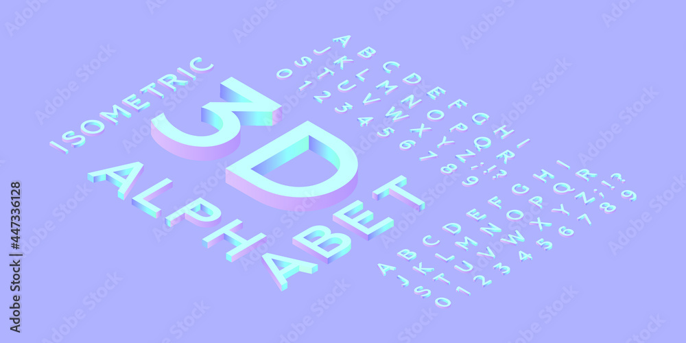 Obraz premium Isometric Latin Capital Letters, Numbers and Signs Font 3d Bold on Purple Background. Modern Vector Illustration. Pastel Colors Gradients. Social Media Template.