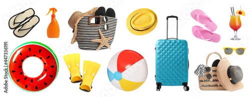 Canvas Print Set with beach ball and other accessories on white background