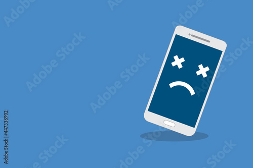 Broken smartphone with sad smile. Broken phone service, recovery and repair concept.