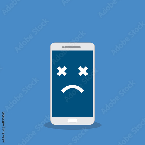 Broken smartphone with sad smile. Broken phone service, recovery and repair concept.