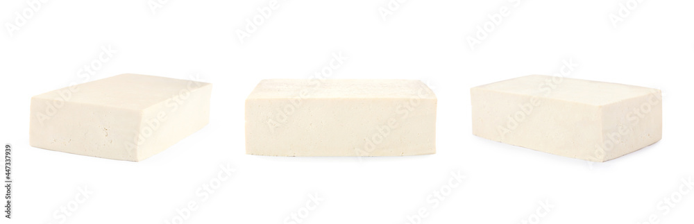 Set with tasty raw tofu on white background. Banner design