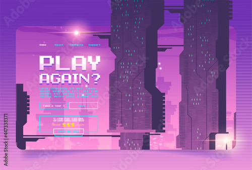 Arcade game banner with futuristic city background